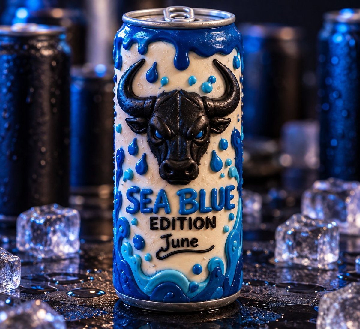 A Sea Blue Edition June beverage can with blue dripping design and black bull logo, surrounded by ice cubes