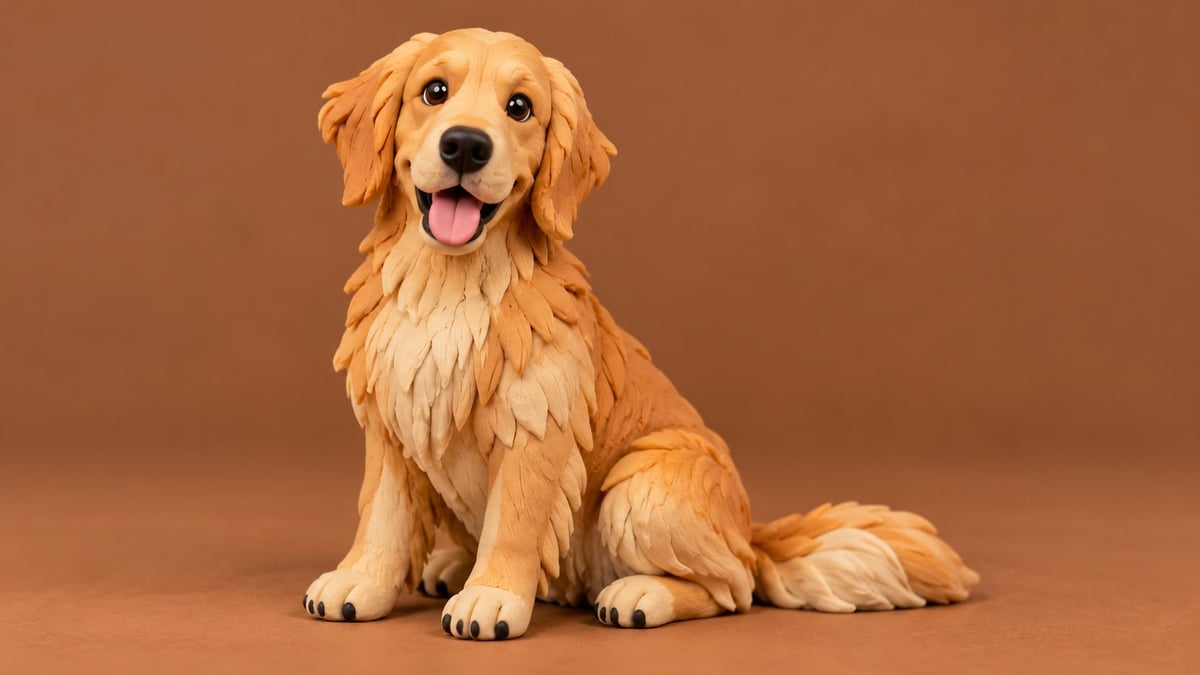 Golden Retriever sitting on a brown background with tongue out, looking at camera