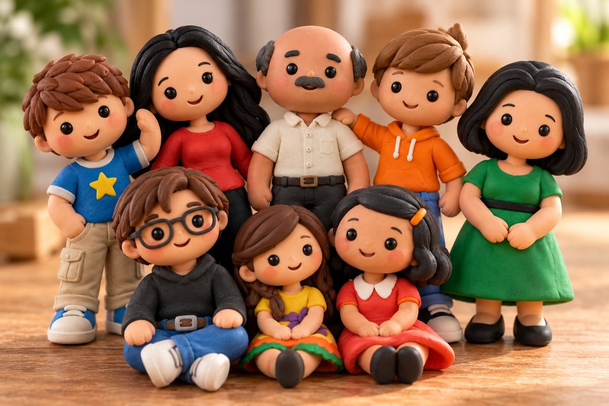 Group of eight colorful cartoon-style toy figures standing and sitting together on a wooden surface