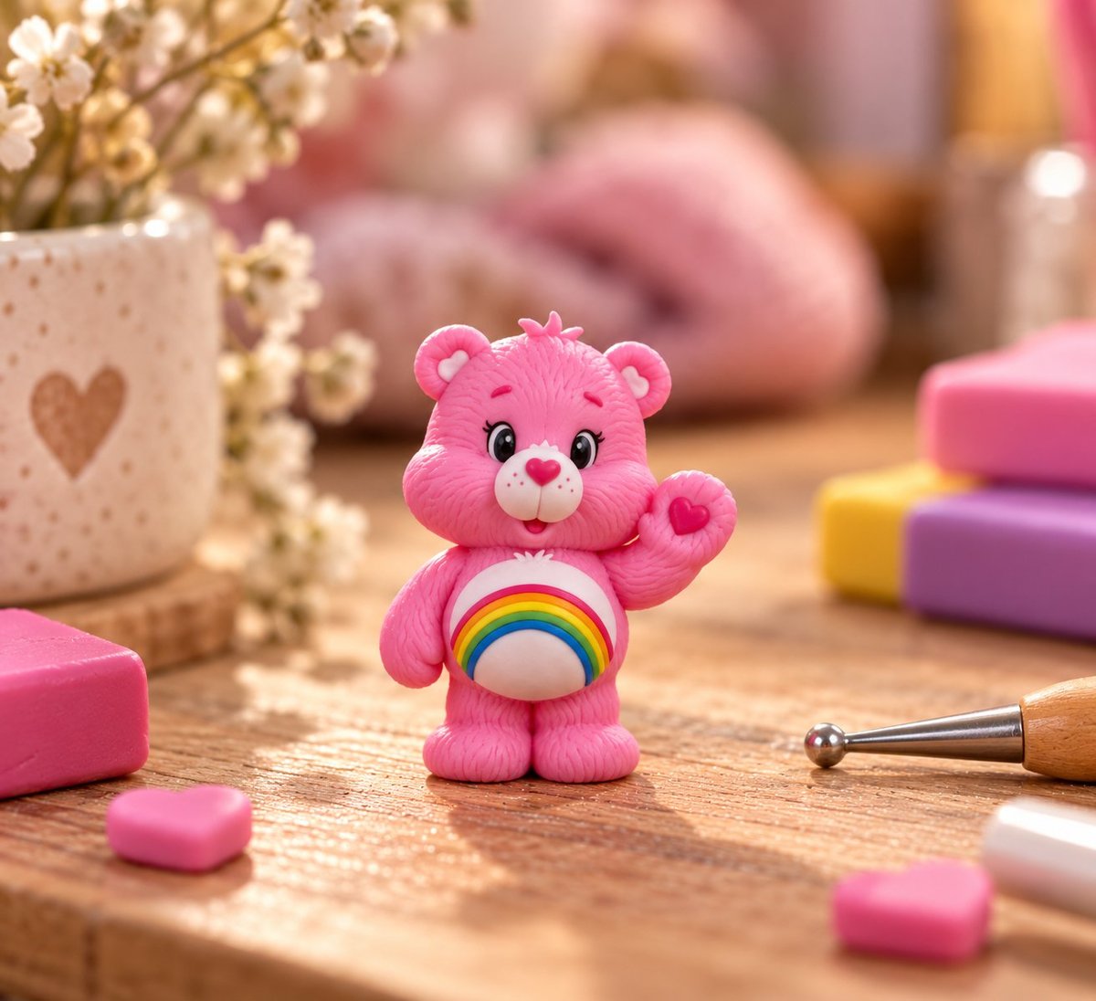 Pink Care Bear toy with rainbow belly on wooden surface surrounded by craft supplies and decorative items