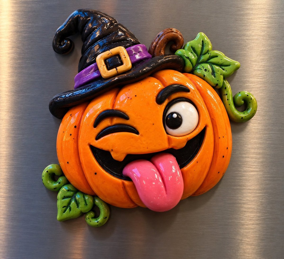 Playful orange jack-o-lantern with a witch hat, sticking out tongue, and green leaf curls on a metallic background