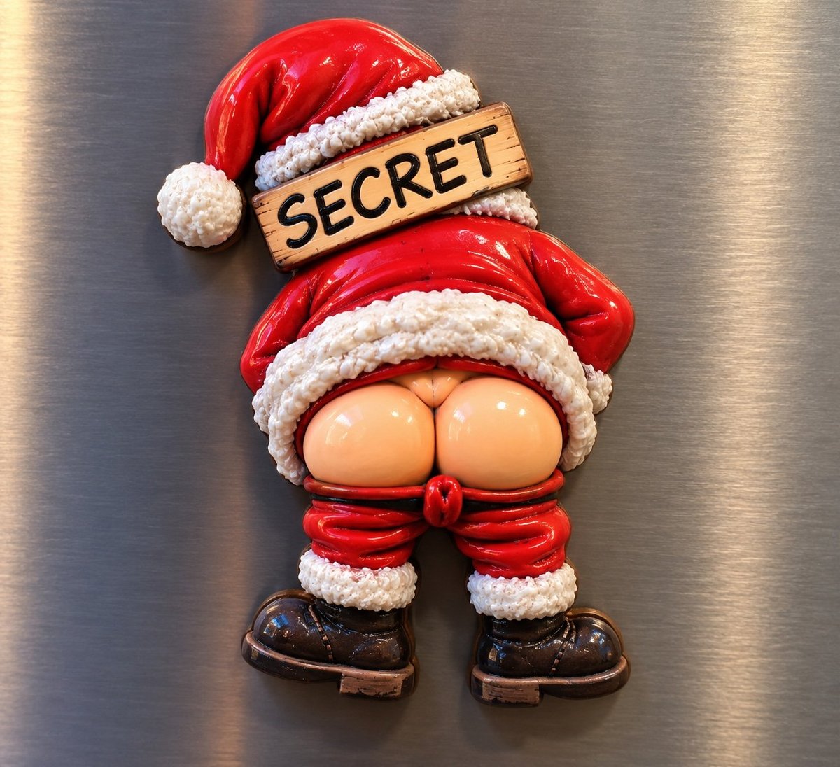Humorous figurine of Santa with SECRET label covering eyes, showing bare bottom, on metallic background