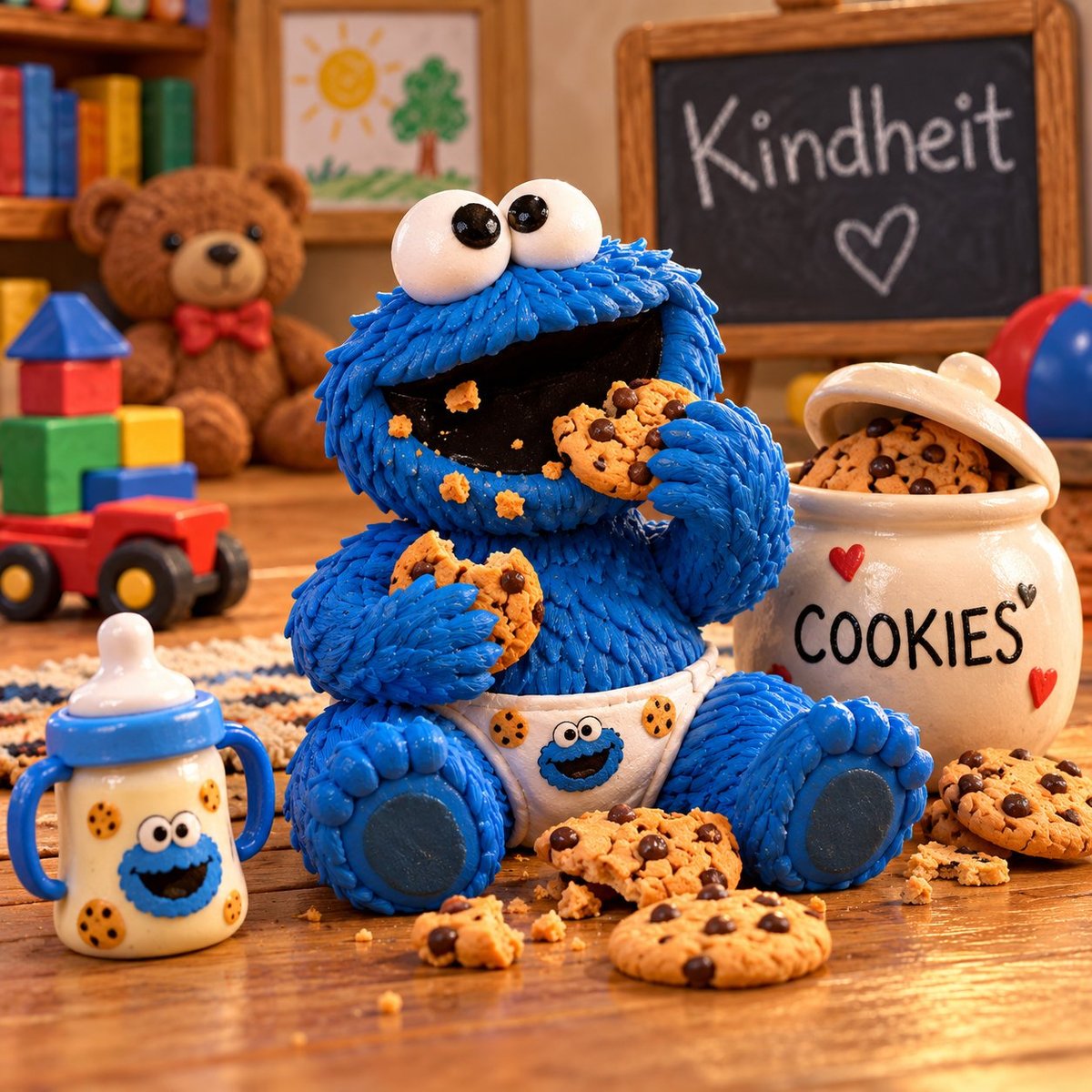 Cookie Monster toy surrounded by chocolate chip cookies and cookie-themed tableware in a colorful playroom setting.